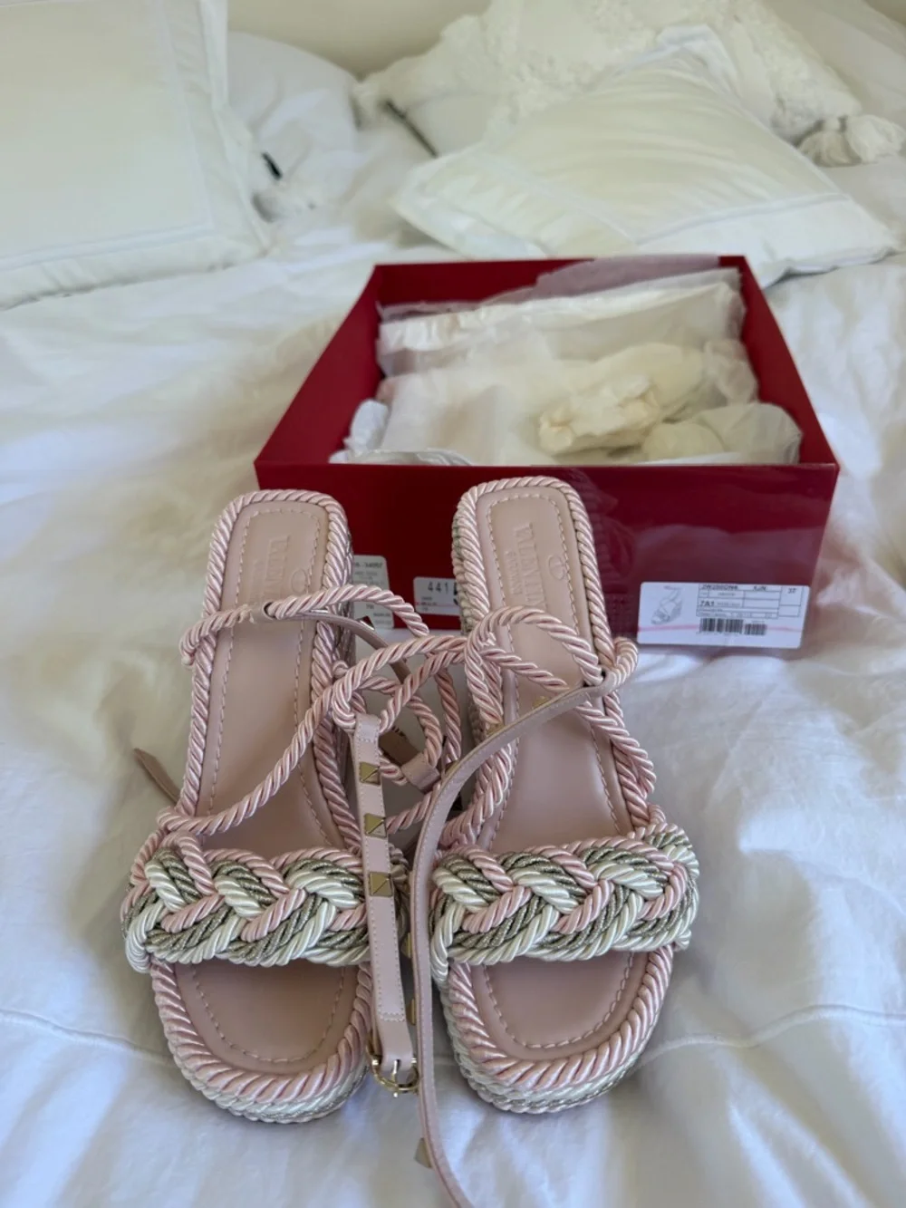 Valentino Pink Braided Rope Wedge Sandals with Gold Studs - Picture 6 of 8